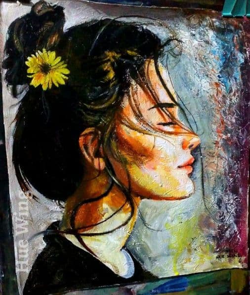 Acrylic painting of a woman with vibrant colors and expressive features by HueWing