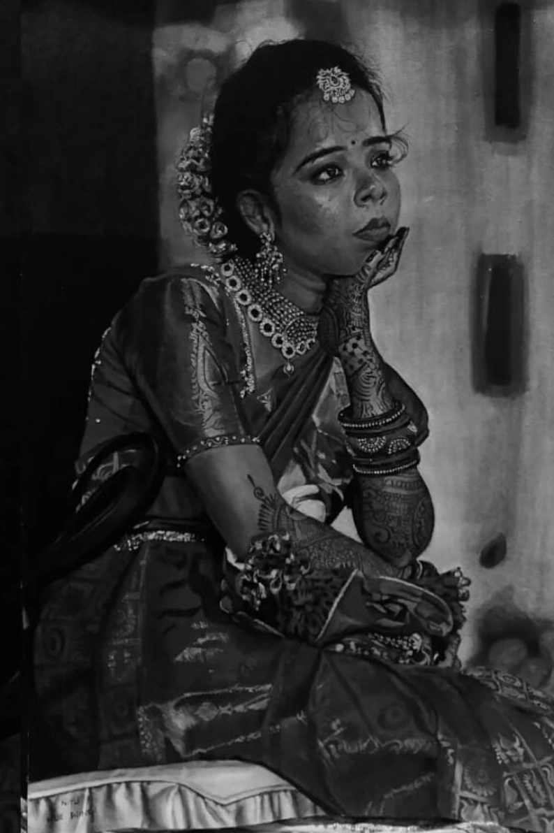 Hyperrealistic sketch titled Bride Monochrome by HueWing