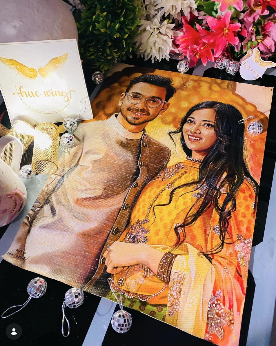 Hyperrealistic acrylic portrait titled Delhi Couple by HueWing