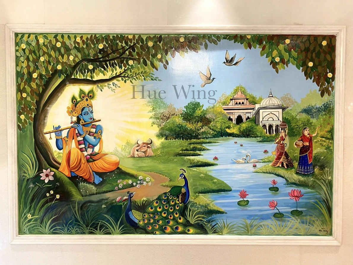 Hyperrealistic wall mural of Krishna titled Krishna Wall Painting 1 by HueWing
