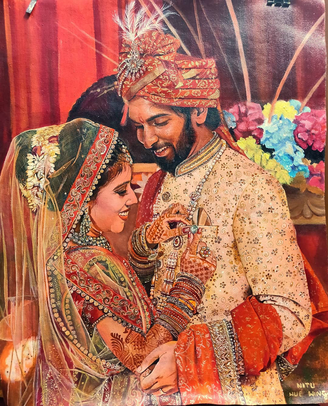 Hyperrealistic oil portrait of a couple on their wedding day by HueWing