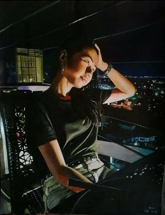 Hyperrealistic oil portrait of a girl at a rooftop dinner by HueWing