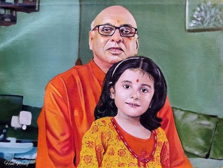 Hyperrealistic oil portrait of a grandfather and granddaughter by HueWing
