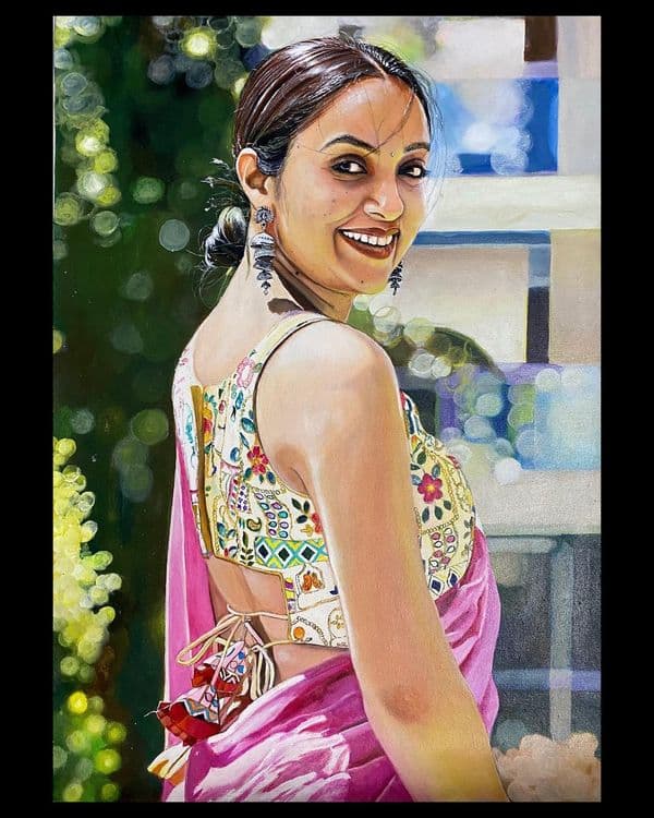 Oil portrait of a beautiful lady in Indian attire by HueWing, capturing cultural essence and intricate details
