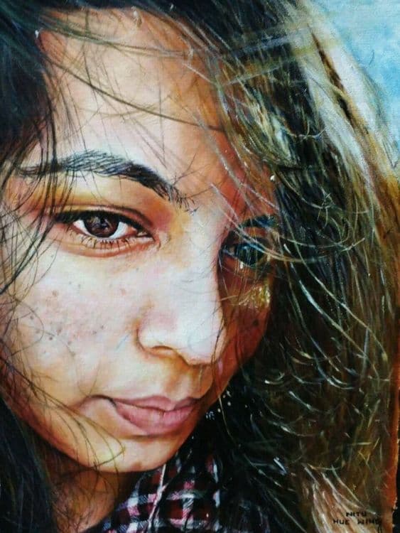Close-up hyperrealistic portrait of a girl with windswept hair by HueWing