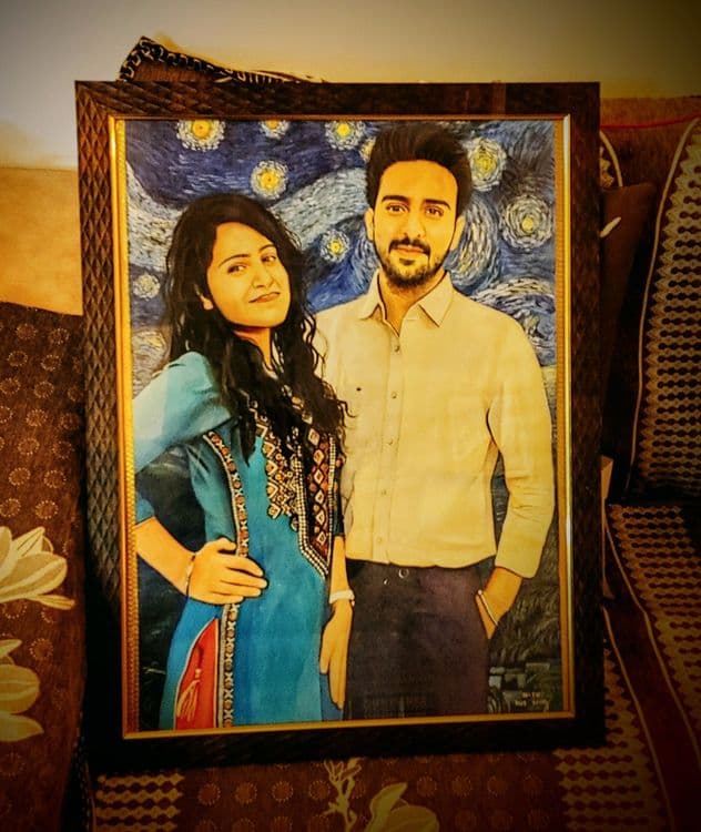 Hyperrealistic couple portrait of Sushant and Monika set against a Starry Night inspired background by HueWing