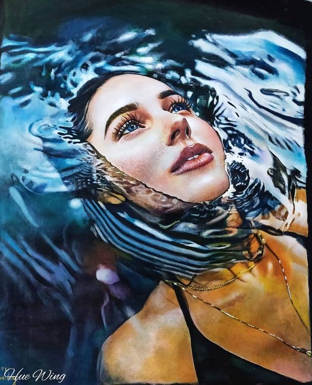 Hyperrealistic portrait of Kaila Lorraine by HueWing, featuring striking blue eyes and intricate details
